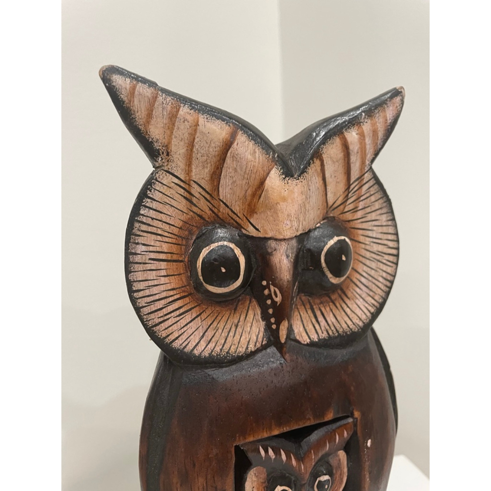 Vintage MCM Hand Carved Hand Painted Wooden Owl Sculpture With Baby Decorative - Picture 3 of 11